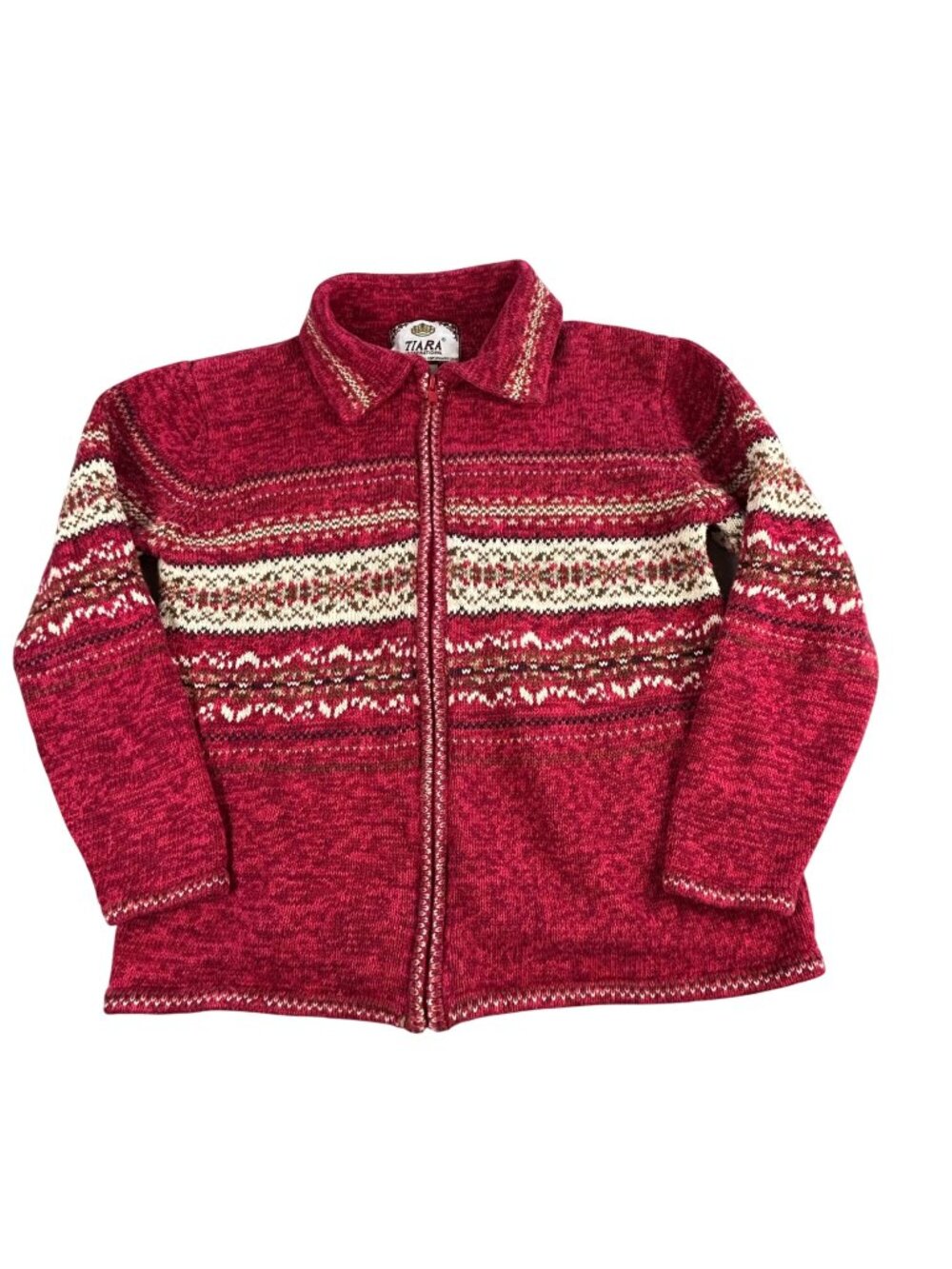 VTG Tiara International Red Fair Isle Knit Cardigan Sweater Sz S Full Zip Nordic